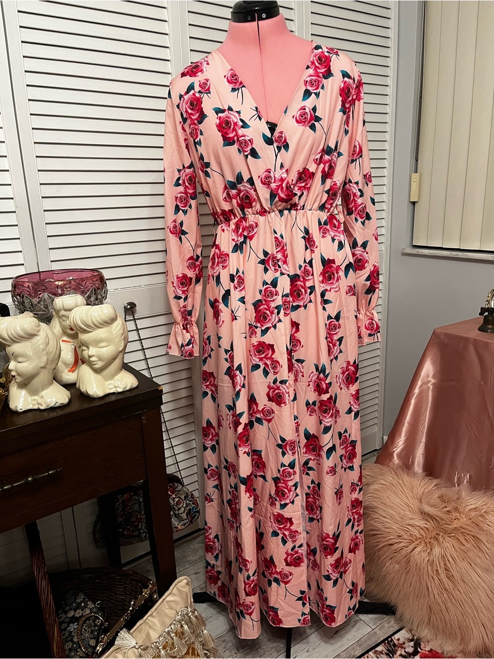 Pink Floral Long Sleeve Maxi Dress
